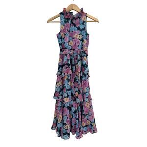 GB GIRLS Floral Mock Neck Belted Ruffle Tiered Maxi Dress Big Girls Size 7